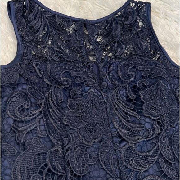 Adrianna Papell Illusion Neckline Navy Lace Sheath Dress - Picture 8 of 12